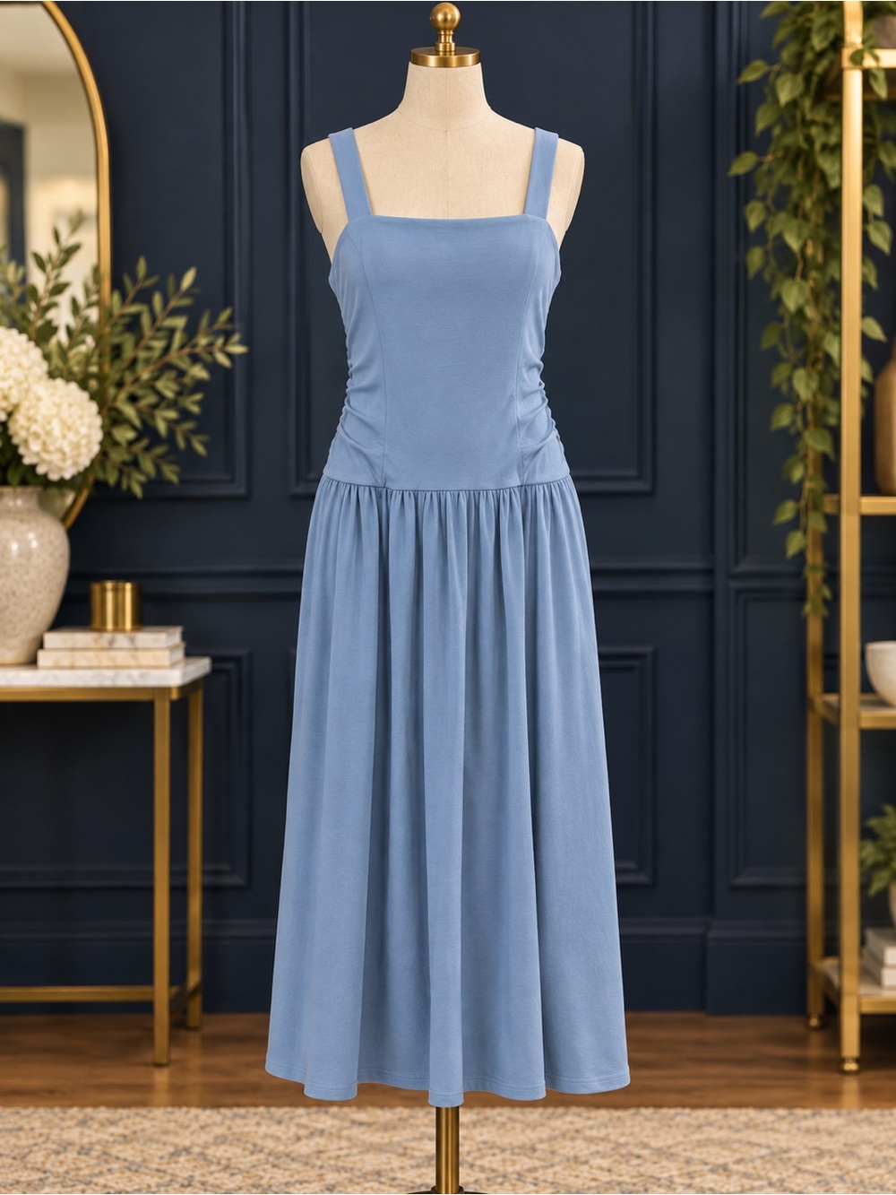 Nation LTD Dusty Blue Square-Neck Midi Dress